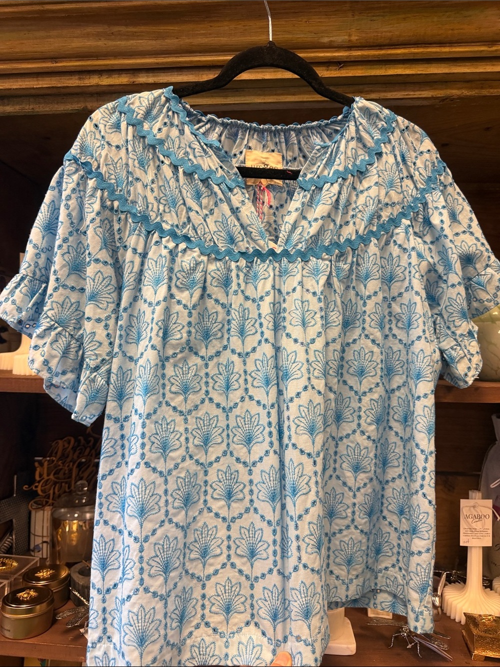 Umgee Light Blue Floral Ruffle Peasant Top